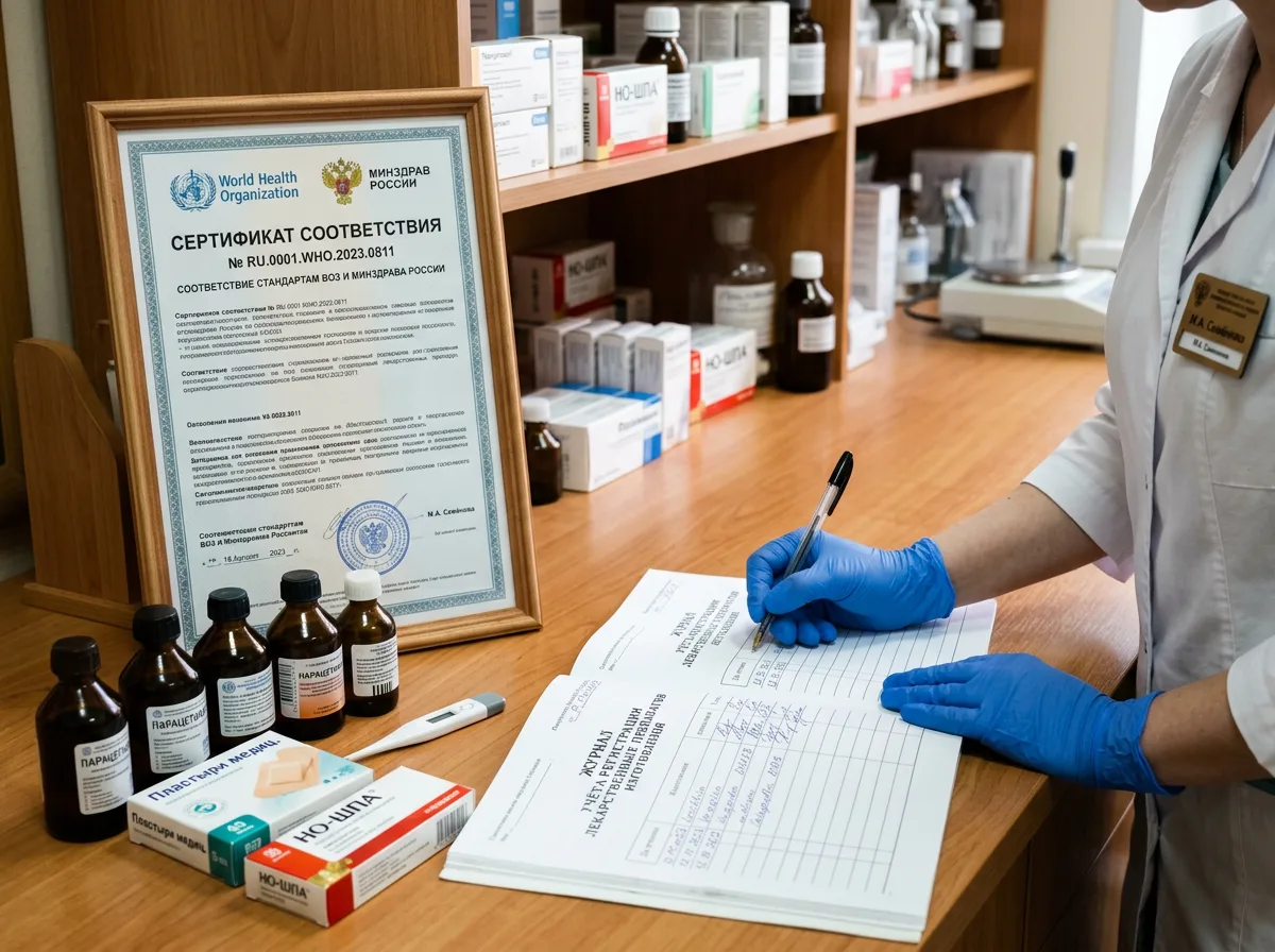 Сертификат соответствия препаратов стандартам ВОЗ и Минздрава, аптечный журнал, медицинский набор, профессиональная обстановка