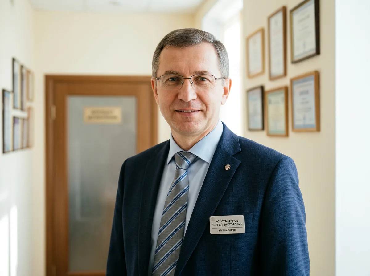 Врач-нарколог Константинов Сергей Викторович, мужчина средних лет в деловом пиджаке, профессиональный портрет, нейтральный светлый фон