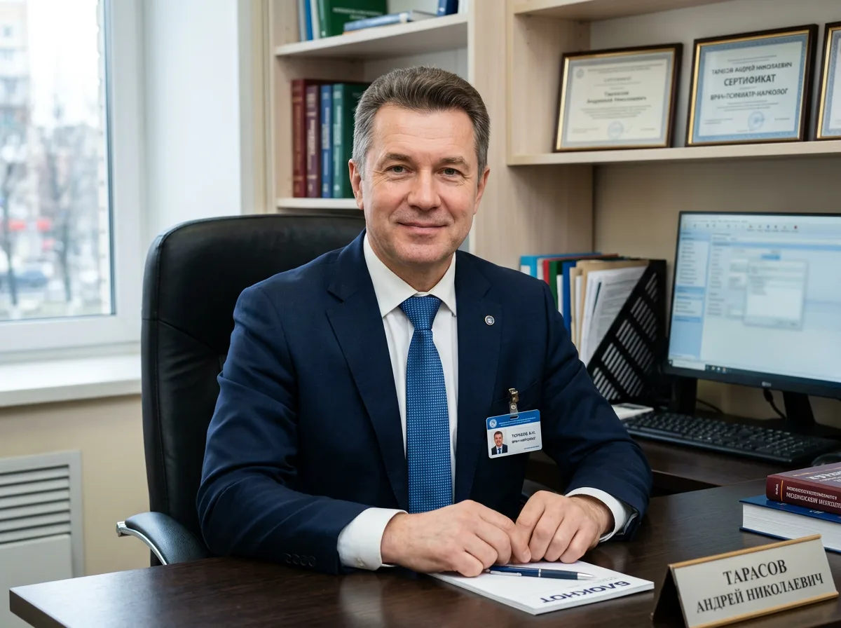 Врач-нарколог Тарасов Андрей Николаевич, мужчина-врач средних лет, уверенный взгляд, деловой стиль, профессиональный портрет